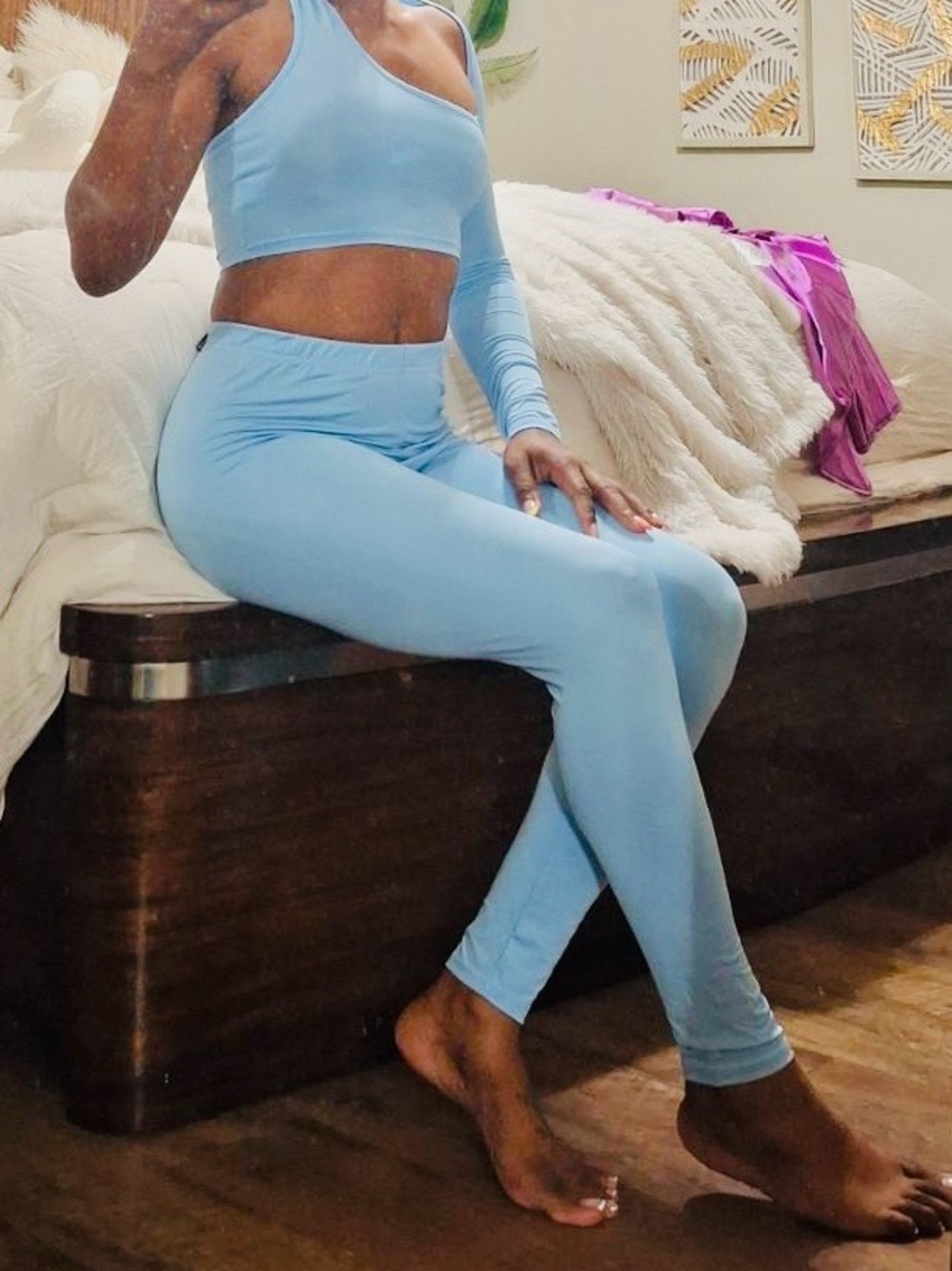 Women’s blue 2 piece Cold shoulder crop with tights.Smooth texture and stretchy.